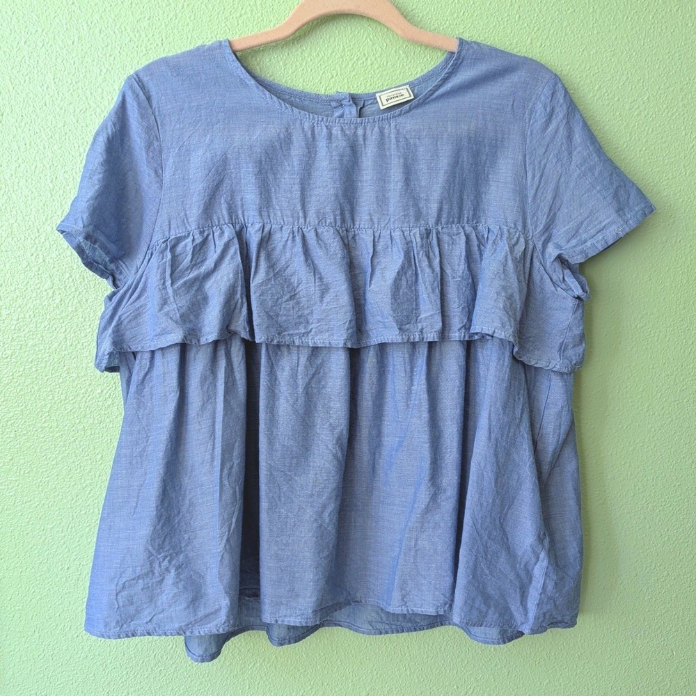 Pimkie Collection Blue Ruffle Tiered‎ Babydoll Blouse Short Sleeve Top Large
